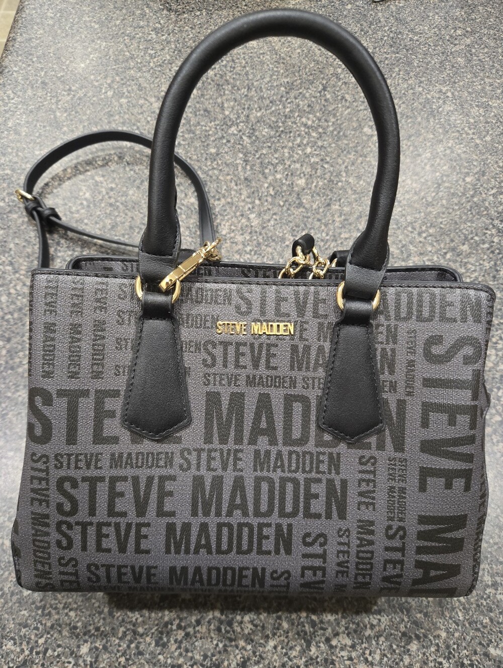 Steve Madden Logo Jacquard Satchel Crossbody Gray Black Gold Y2K Text Print